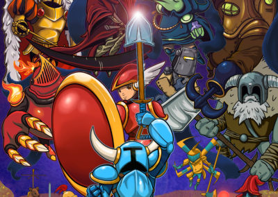 Shovel knight standing from yacht club games standing on money