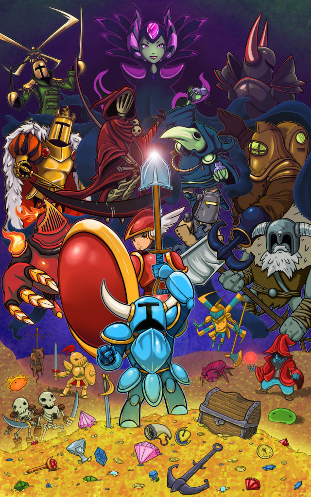 Shovel knight standing from yacht club games standing on money