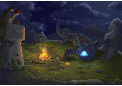 Two people on a hill top and a dragon lizard with blue fire in its mouth