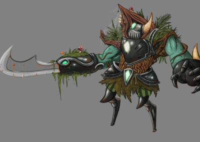 Old forest knight covered in roots and moss