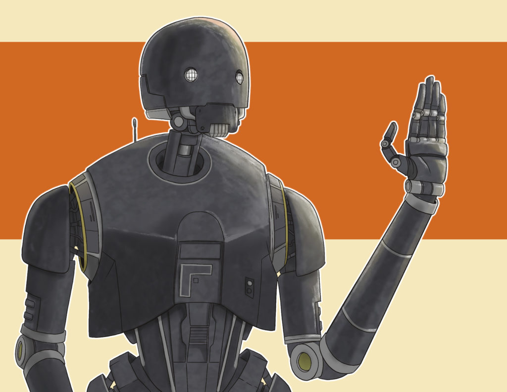 K2SO from Star Wars Rogue One standing with his hand up