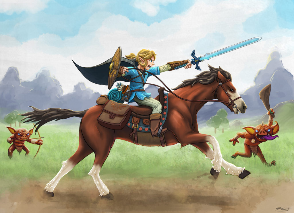 Man on a horse with sword and shield charging forward. two goblin creatures in the backround