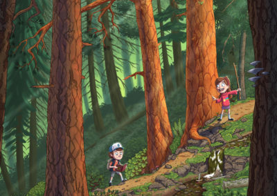 Gravity Falls Dipper and Mable Pines hiking through a Pacific Northwest forest.