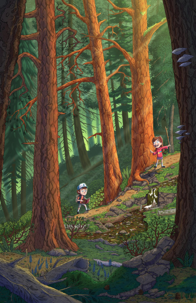 Gravity Falls Dipper and Mable Pines hiking through a Pacific Northwest forest.