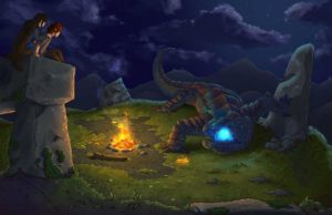 Two people on a hill top and a dragon lizard with blue fire in its mouth